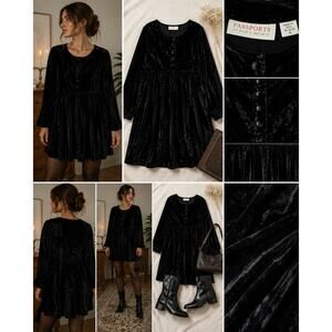 Vintage Passports of Pier 1 Black Crushed Velvet Babydoll Dress M ✨